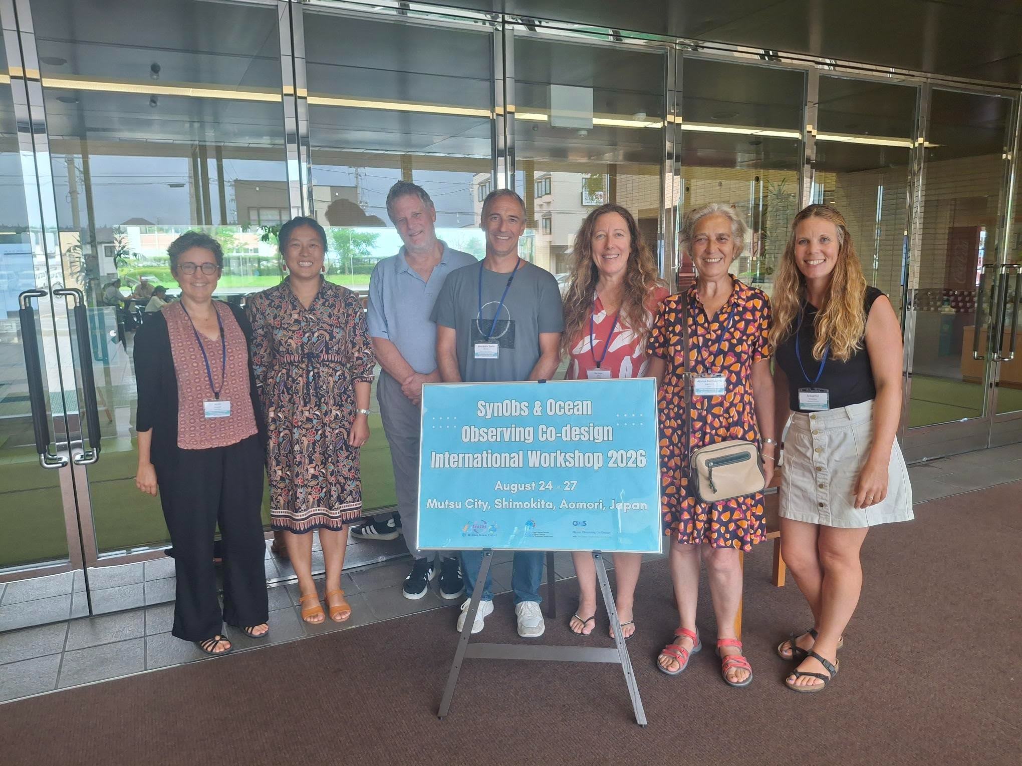CLIVAR members at the SynObs Co-Design workshop in Japan: Elisabeth Remy (Mercator Ocean International), Chunxue Yang (GSOP member and MER-EP Co-chair), Andrew Peterson (GSOP member), Romaine Bourdalle-Badie (GSOP member and MER-EP Co-chair), Juliet Hermes (CLIVAR SSG, CLIVAR MHWs RF member, and Marine Heatwaves Exemplar Co-design co-chair), Magdalena Balmaseda (CLIVAR SSG and  SynObs member), Amandine Schaeffer (MHWs RF member and Marine Heatwaves Exemplar Co-design co-chair)